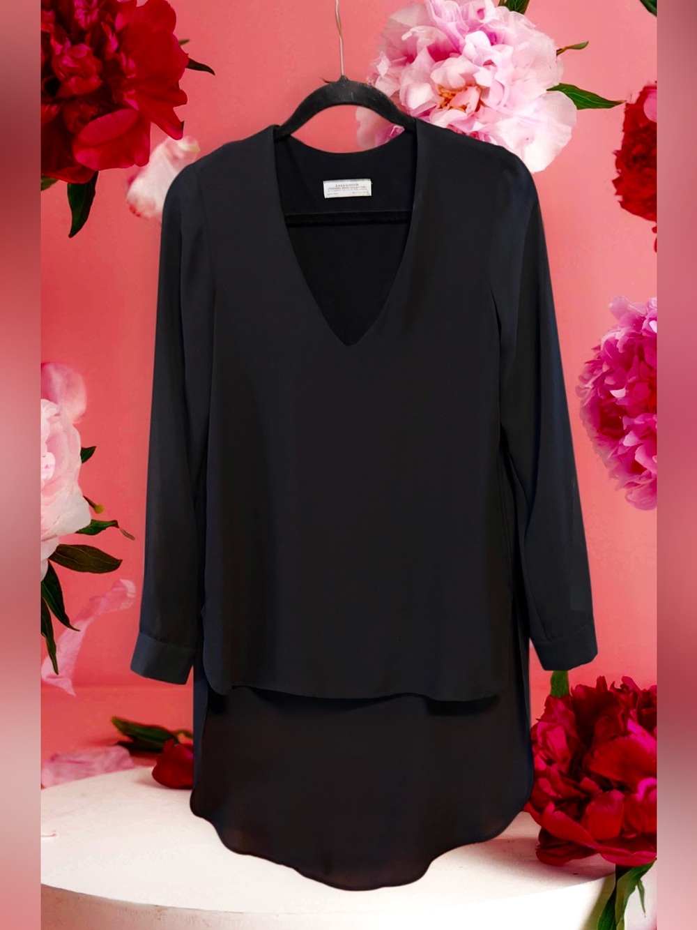 Zara Woman Black Long-Sleeve V-Neck Hi-Lo Tunic size M/L